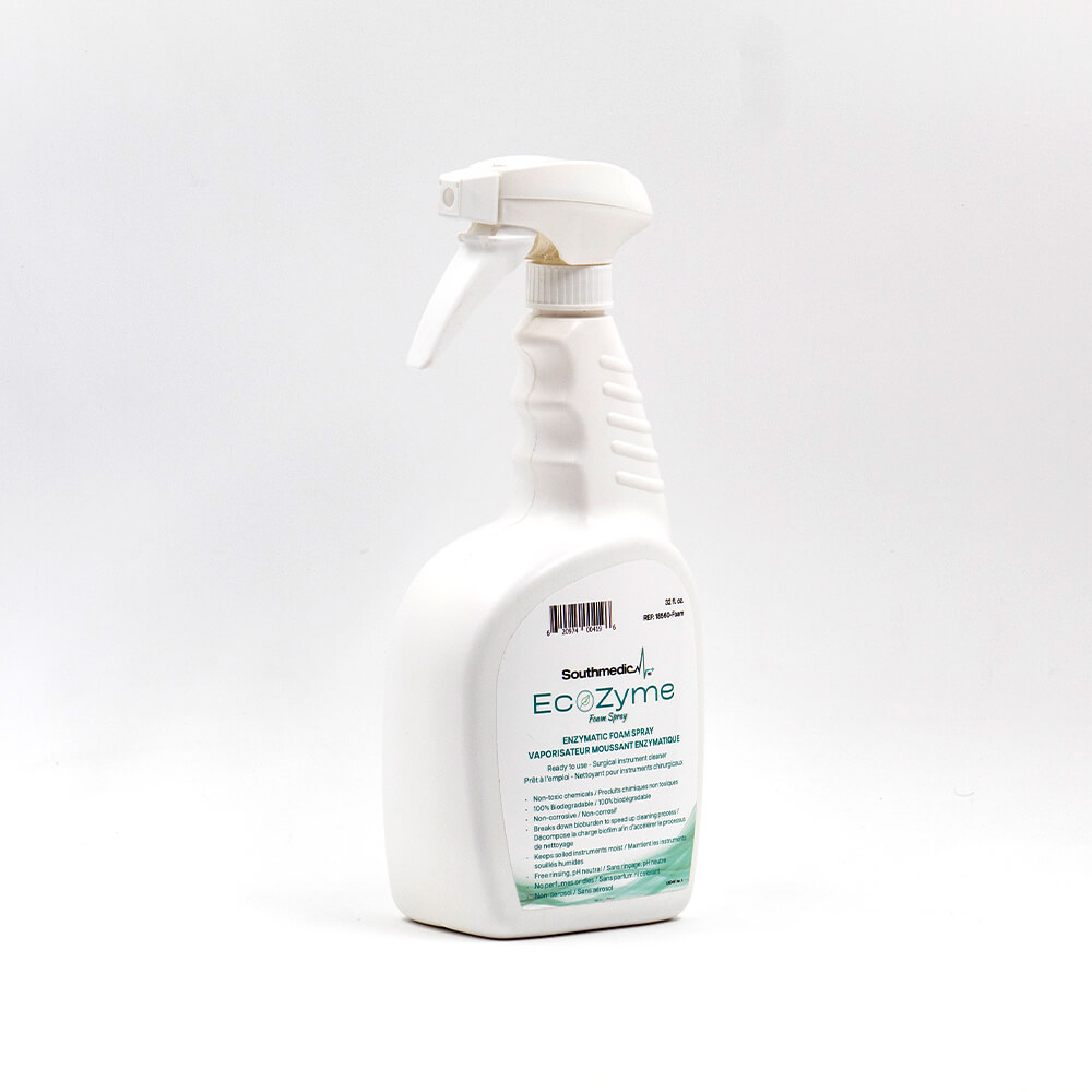  EcoZyme Spray is designed to break down all bioburden, body fluids and blood on contact, preventing it from drying on instruments before they make their way to the MDR department. 